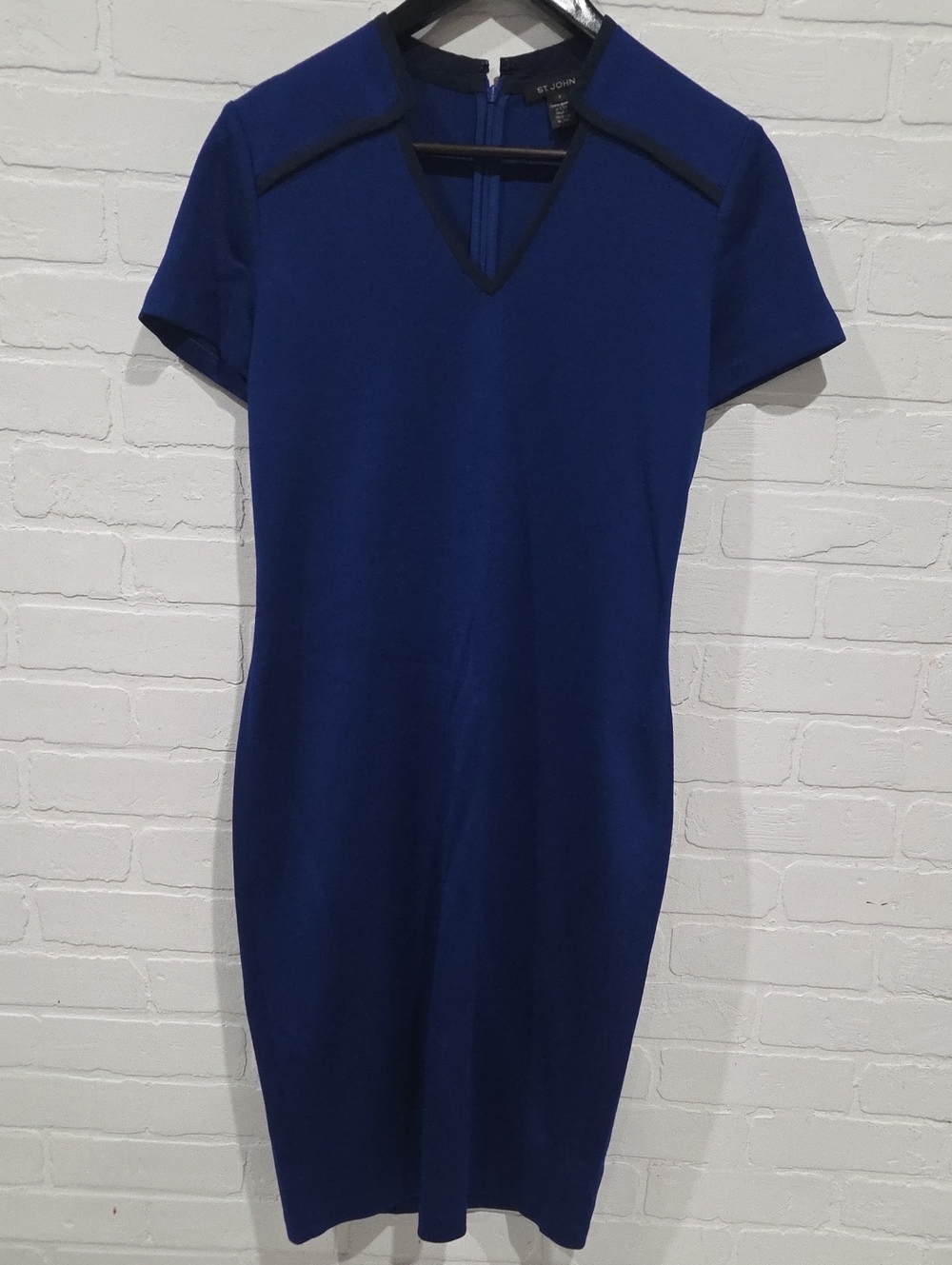 St. John Cobalt Blue V-Neck Sheath Dress with Contrast Trim